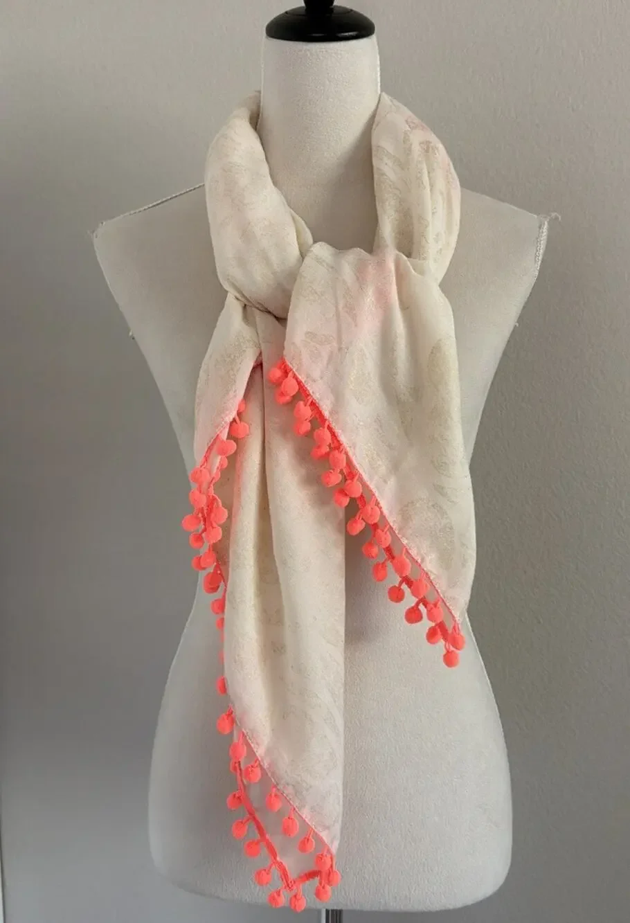 Hollister Scarf Womens One Size Ivory Neon Orange Pom-Pom Trim Wrap Lightweight